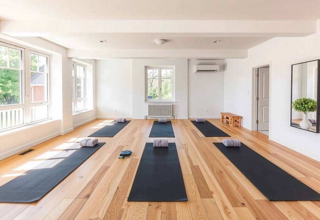 A brightly lit, minimalist yoga studio interior with natural wood floors and large windows, ready for a class.