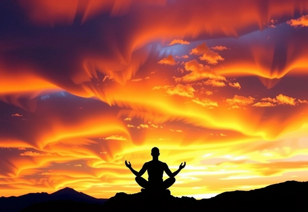 A person in a meditative yoga pose on a mountain top, silhouetted against a vibrant sunset, symbolizing clarity and well-being.