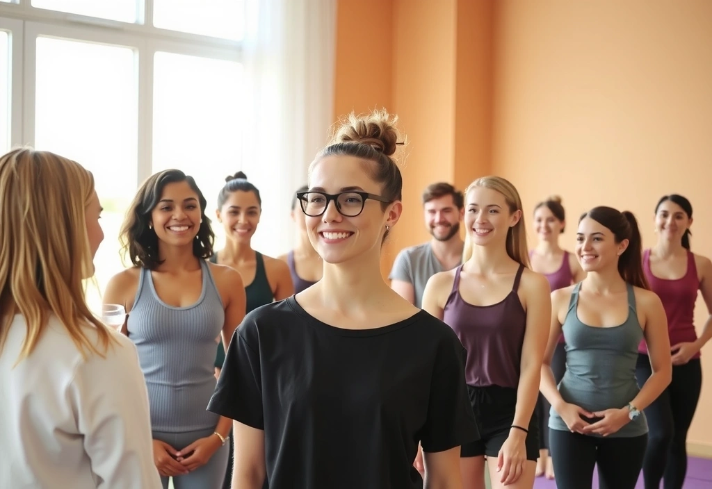 A diverse group of people smiling and interacting in a bright, modern yoga studio, embodying inclusivity and support.