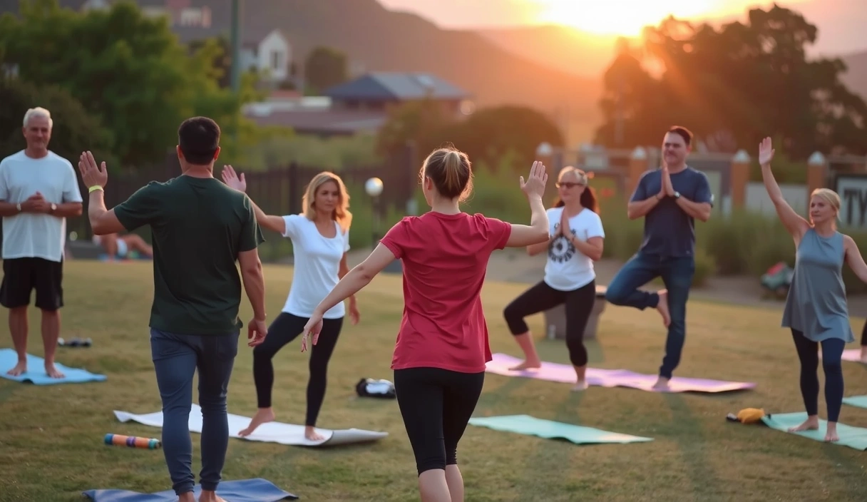 A serene group of people practicing yoga outdoors at sunrise, with soft golden light and a calm atmosphere.
