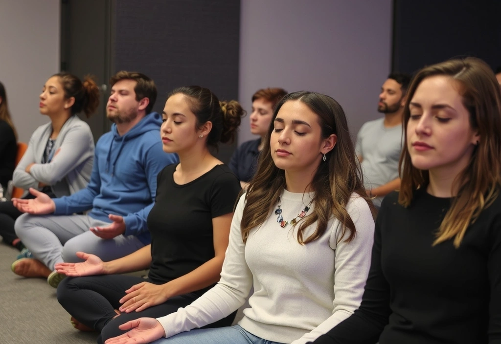 Students engaging in a guided meditation session, with soft lighting and a peaceful ambiance.