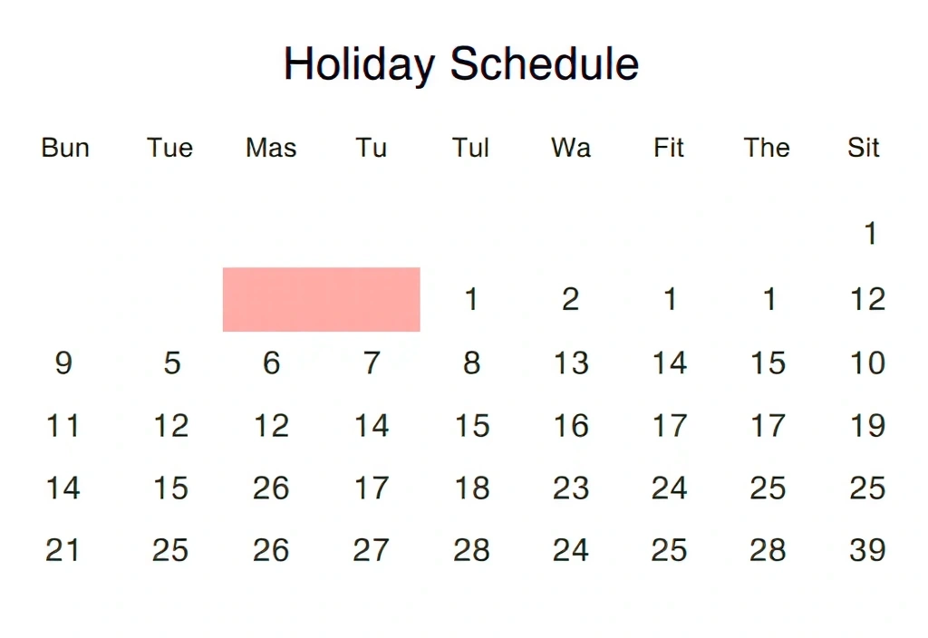 A calendar with highlighted dates representing holiday schedule changes, with a gentle, soft focus.
