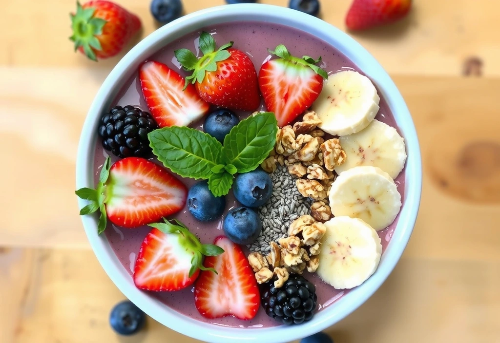 A vibrant and colorful smoothie bowl topped with fresh fruits, granola, and seeds, ready to be enjoyed.
