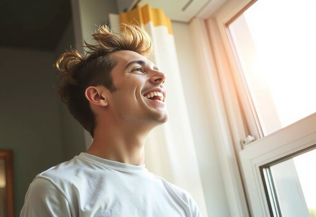 A person looking energised and refreshed, taking a deep breath in a bright morning setting.