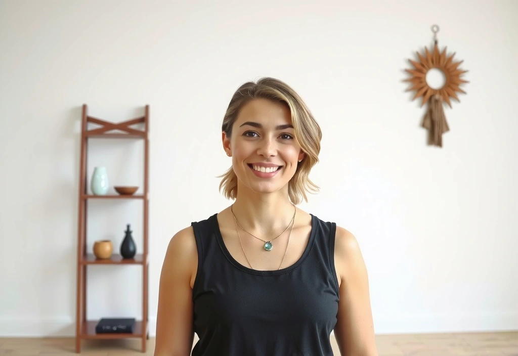 A friendly portrait of a new yoga teacher, smiling and looking approachable.