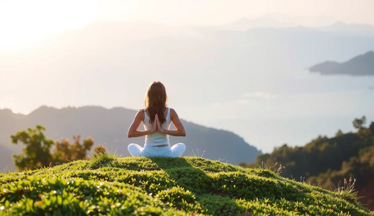 A serene image representing holistic wellness, featuring a person meditating in a peaceful natural setting with soft sunlight and lush greenery.