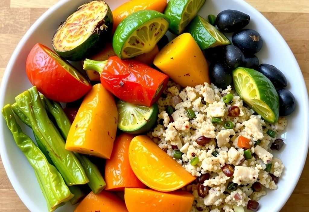 A beautifully plated vegetarian dinner, featuring a colorful array of roasted vegetables and a plant-based protein.