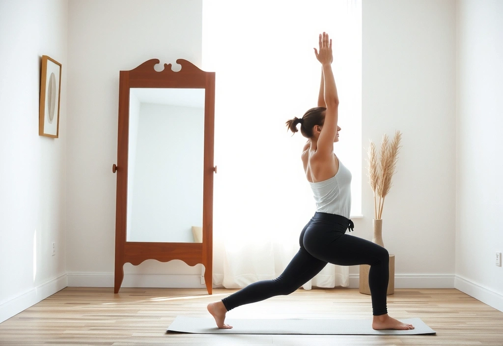 A person performing a yoga pose in a bright, minimalist home studio, demonstrating a consistent home practice.