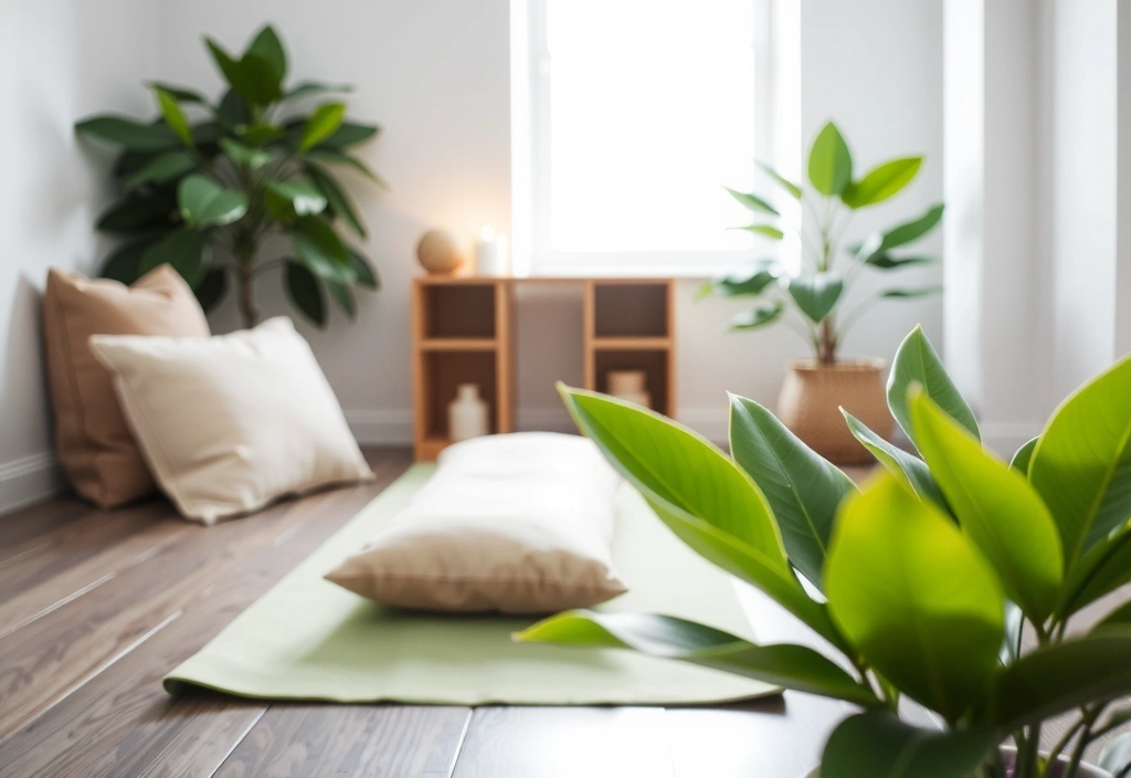 A beautifully arranged home yoga space with a mat, cushions, and plants, creating a peaceful atmosphere.