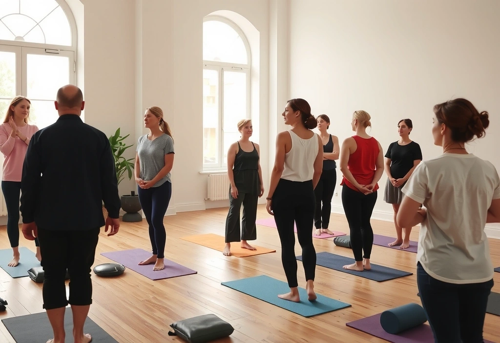A group of people in a yoga workshop, focusing on backbend postures with an instructor.