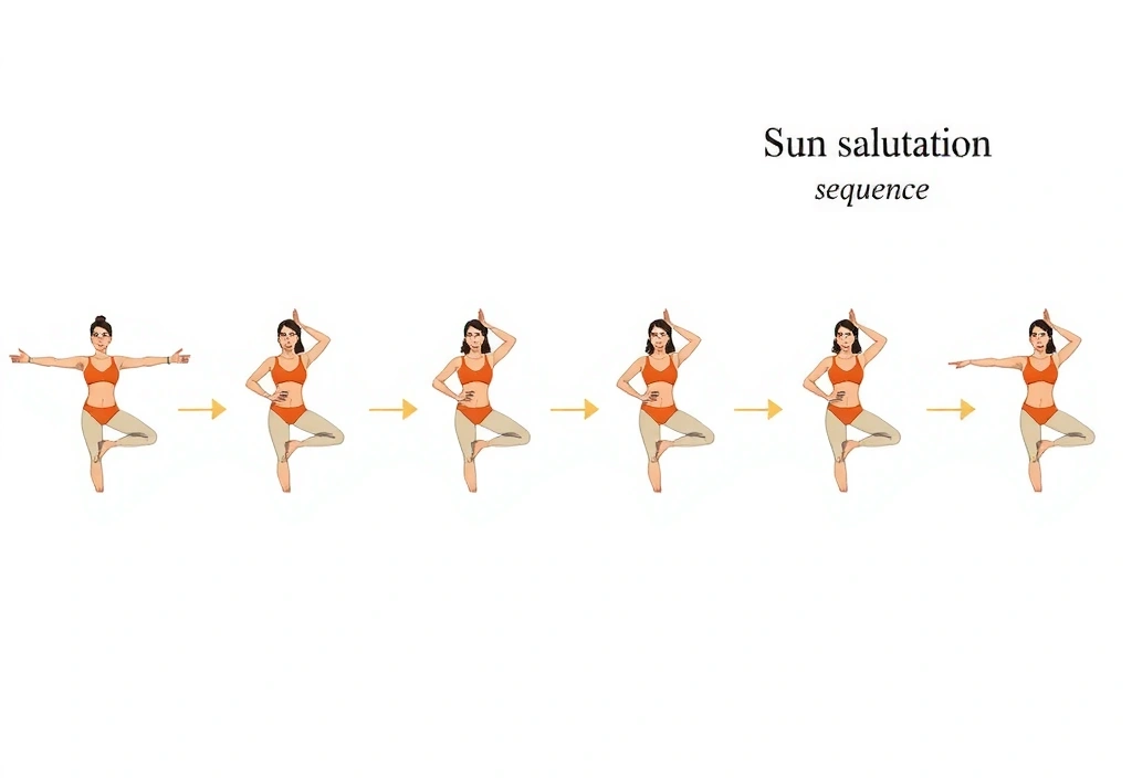 An illustration of sun salutation sequence, showing different yoga postures flowing into each other.