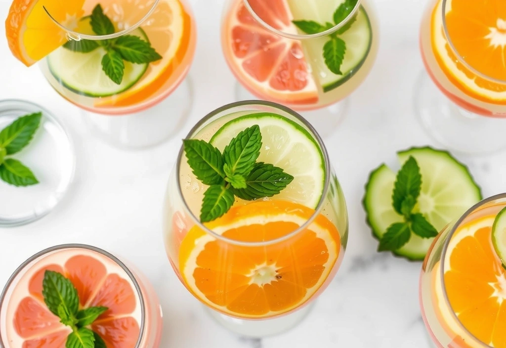 Several glasses of refreshing infused water with slices of citrus, cucumber, and mint leaves.