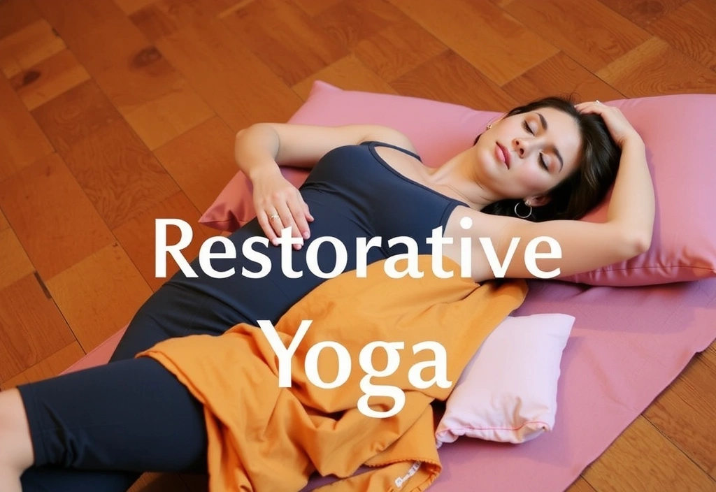 A person deeply relaxed in a supported Restorative Yoga pose, surrounded by bolsters and blankets. The lighting is soft, emphasizing comfort and tranquility. No text, no symbols.