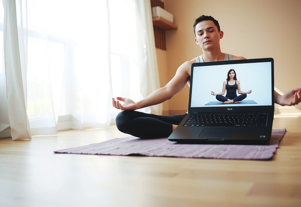 A person meditating peacefully with a laptop and yoga mat, symbolizing online wellness support.
