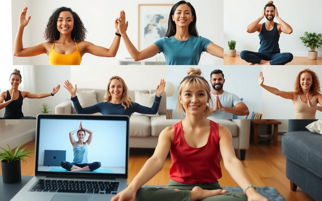 A diverse group of people practicing yoga virtually on their individual devices, smiling and connected.