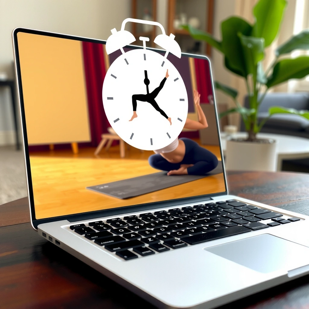 Laptop showing yoga class with a clock