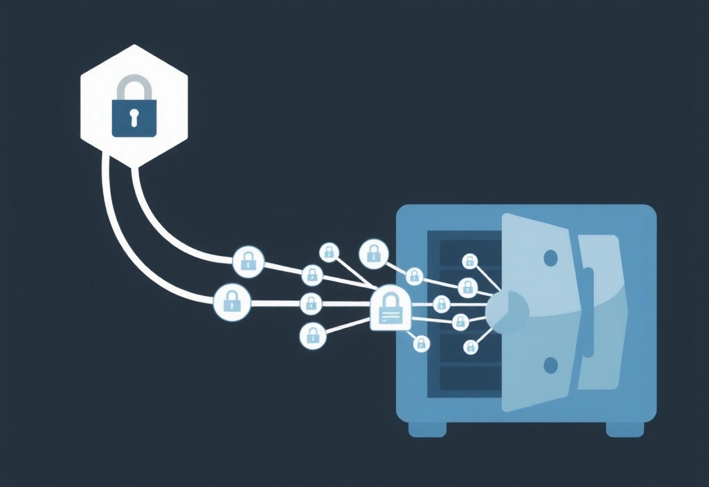 A secure network diagram with data flowing into a locked vault, symbolizing data protection and usage.