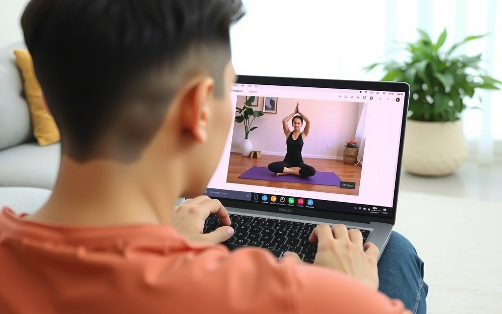 Person using a laptop for online yoga, focusing on digital content and user responsibility