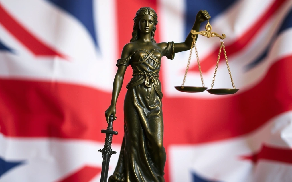 Statue of Justice with a British flag in the background, symbolizing UK law and jurisdiction
